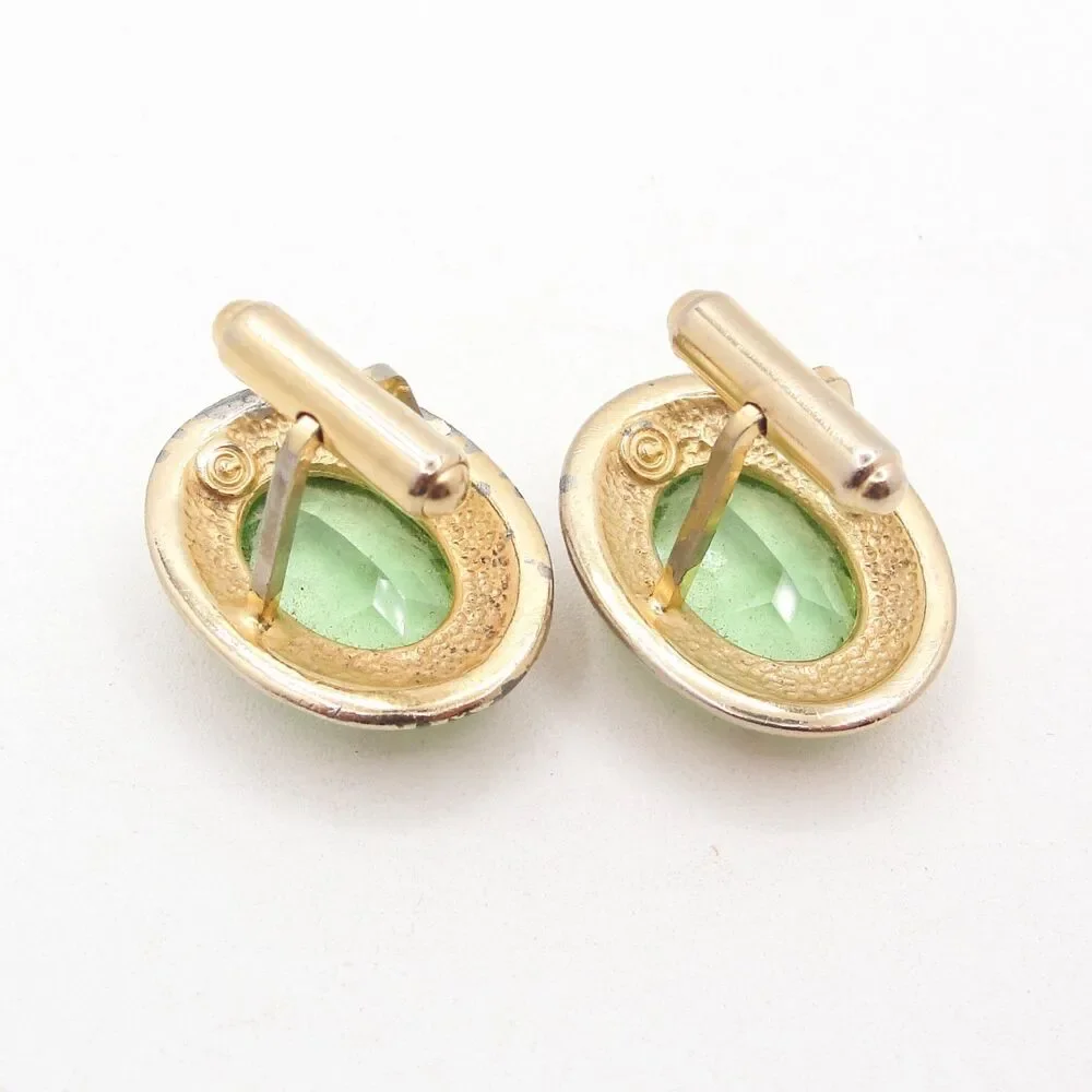 Vintage Swank Green Glass Gold Tone Oval Cufflinks Mens Formal Wedding Groomsmen